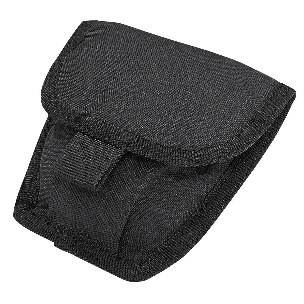The Caliber Armor Handcuff Pouch, made of black nylon with reinforced stitching and a flap closure, is designed for secure MOLLE carry of small tools or accessories.