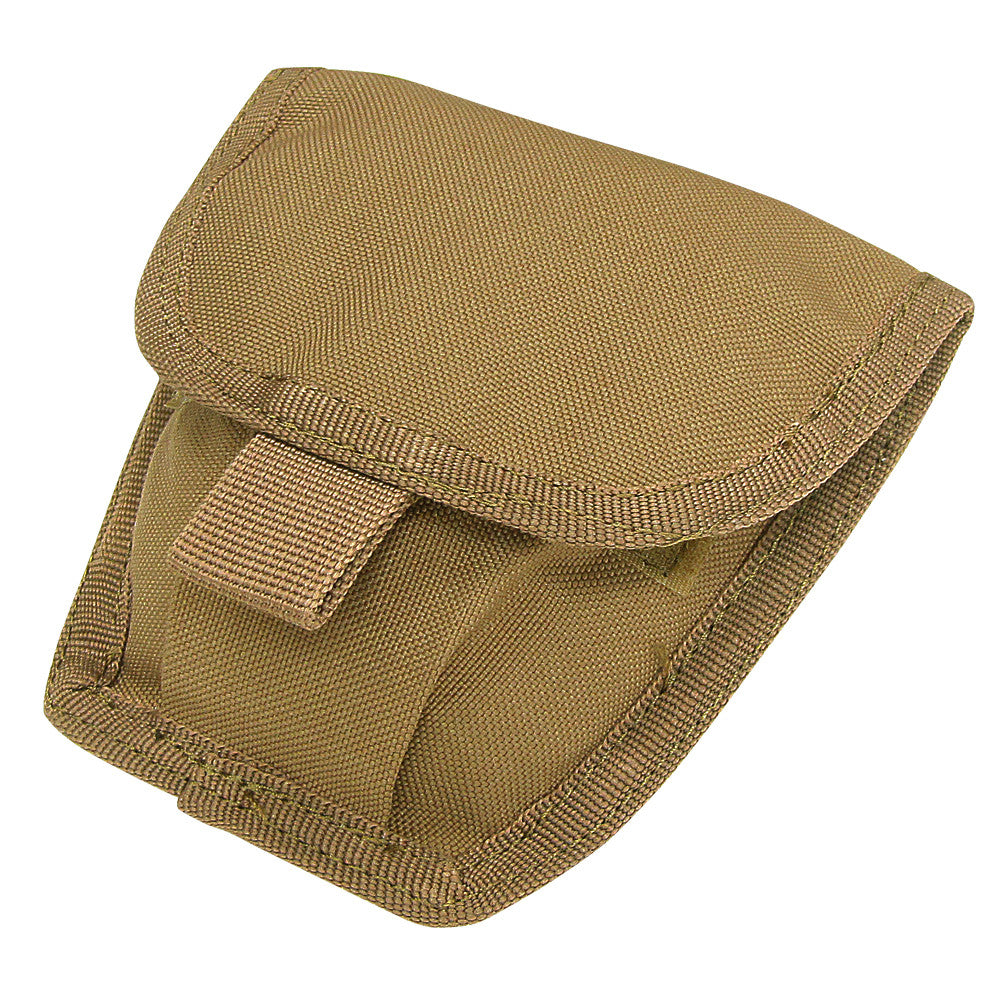The Caliber Armor Handcuff Pouch is a small tan nylon pouch with a flap cover and hook-and-loop closure, designed as a MOLLE-compatible carrier for handcuffs or small gear.