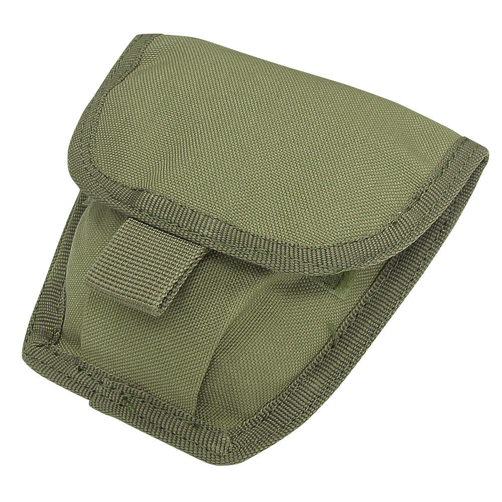 The Caliber Armor Handcuff Pouch is a green fabric utility holder with reinforced stitching and a flap closure, delivering secure and durable storage for your gear.