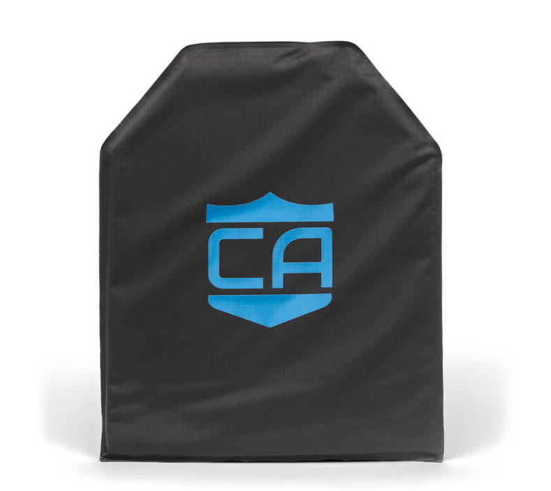 The Caliber Armor CaliberX IIIA Soft Body Armor Panel is a black rectangular shield with a sloped top and a blue "CA" logo, designed for IIIA ballistic protection.