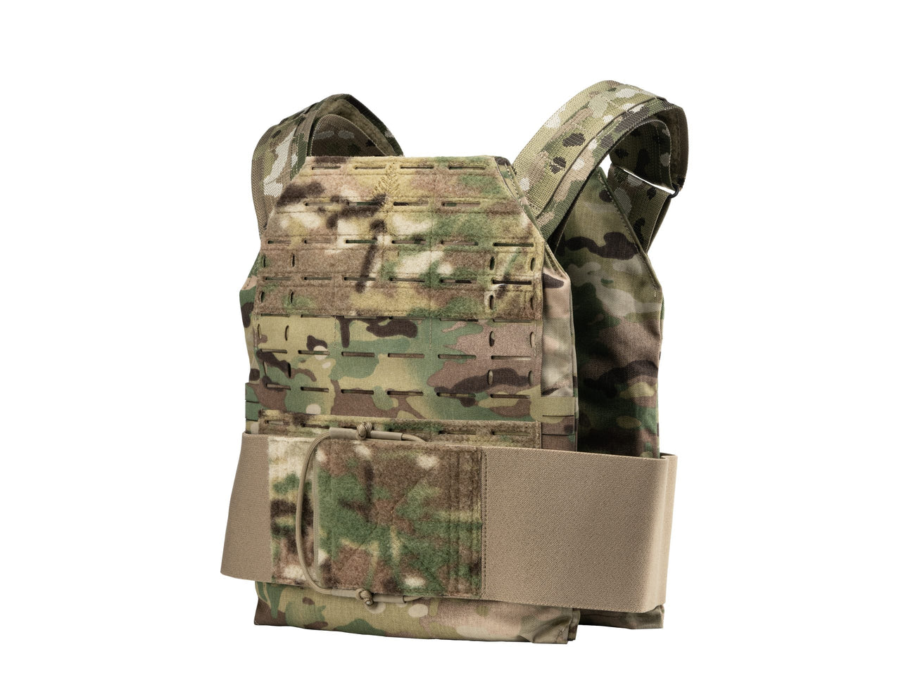 The Caliber Armor DV8 Plate Carrier - Mini (8x10) by Caliber Armor features a camouflage pattern, adjustable straps, and a wide tan waist belt. Made in the USA from MIL-Spec Cordura. Displayed on a white background.