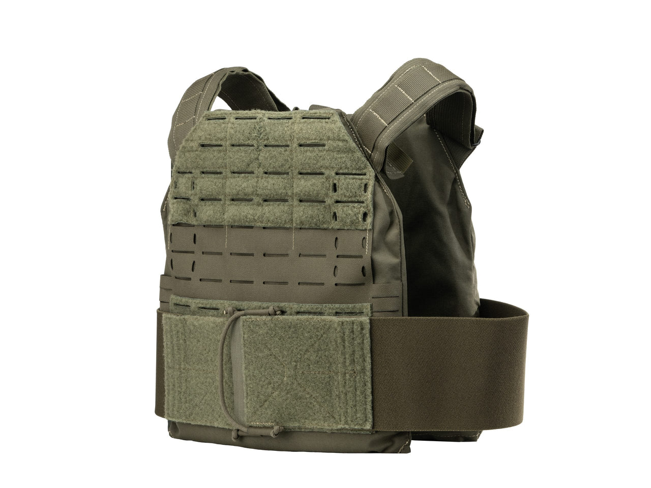 The Caliber Armor DV8 Plate Carrier - Mini (8x10) by Caliber Armor is an olive green, USA-made vest with adjustable straps, MIL-Spec Cordura, MOLLE webbing, and hook-and-loop panels, shown against a white background.