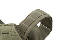 Thumbnail for Close-up of the Caliber Armor DV8 Plate Carrier - Mini (8x10) by Caliber Armor, showing a green MIL-Spec Cordura strap with reinforced stitching and hook-and-loop fastener detail against a white background.