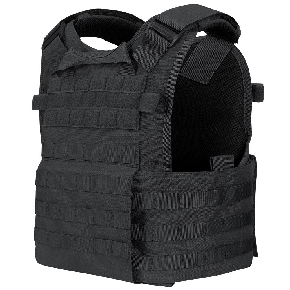 The Caliber Armor Modular Operator Plate Carrier (MOPC) Gen II features adjustable shoulder straps, MOLLE webbing for attachments, and side closures. Designed to hold armor plates, it is shown on a white background.