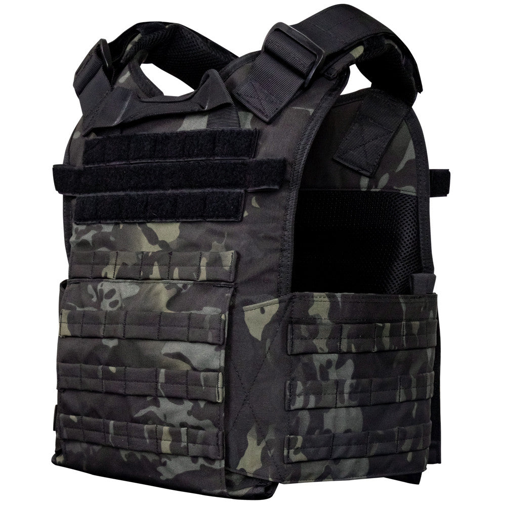 The Caliber Armor Modular Operator Plate Carrier (MOPC) Gen II in black camo features adjustable shoulder straps, front Velcro panels, and horizontal MOLLE webbing for gear and armor plate attachment.
