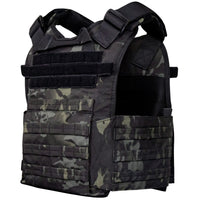 Thumbnail for The Caliber Armor Modular Operator Plate Carrier (MOPC) Gen II in black camo features adjustable shoulder straps, front Velcro panels, and horizontal MOLLE webbing for gear and armor plate attachment.