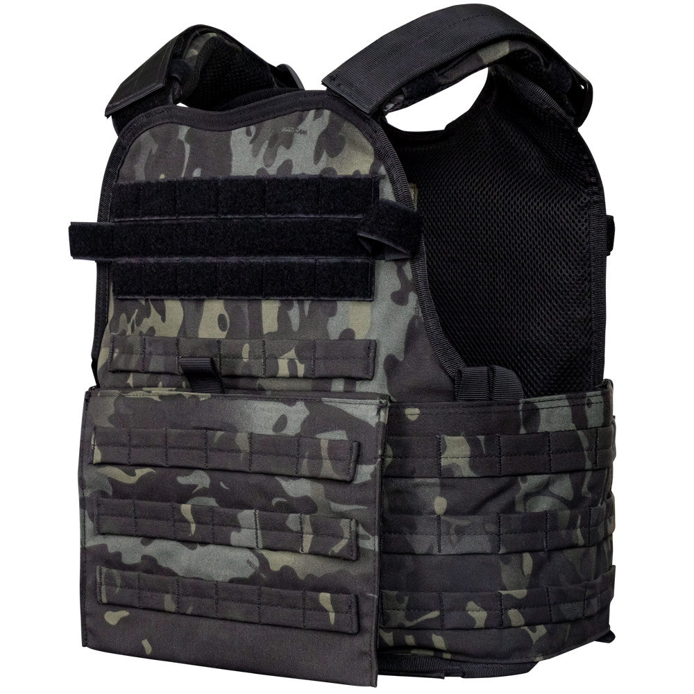 The Caliber Armor Modular Operator Plate Carrier (MOPC) Gen II features a black and gray camouflage design, adjustable shoulder straps, MOLLE webbing, and multiple front and side attachment points for body armor plates.