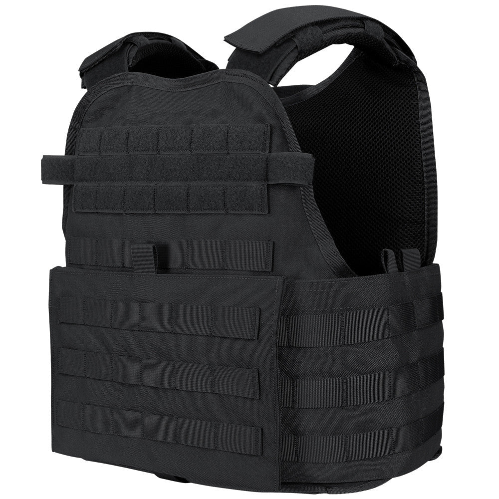 The Caliber Armor Modular Operator Plate Carrier (MOPC) Gen II is a black tactical vest with MOLLE webbing, Velcro patches, and padded shoulders, designed to carry gear and body armor plates for enhanced protection.