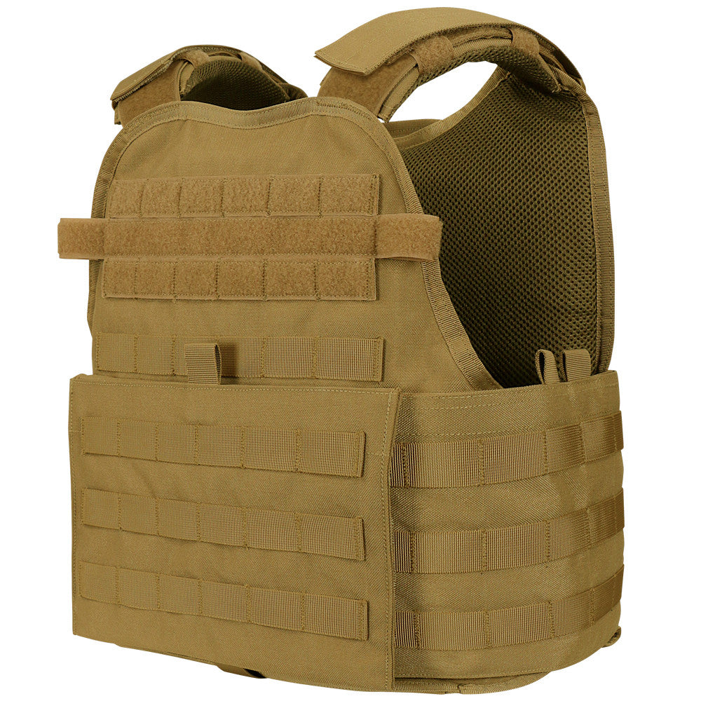 The Caliber Armor Modular Operator Plate Carrier (MOPC) Gen II features MOLLE webbing and Velcro patches, designed to securely carry body armor plates and essential gear.