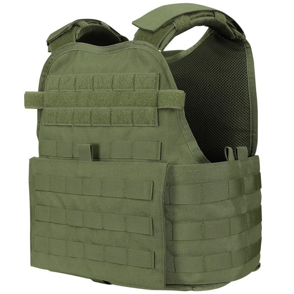 The Caliber Armor Modular Operator Plate Carrier (MOPC) Gen II in olive green features adjustable straps, MOLLE webbing, and padded shoulders—ideal for carrying gear and fitting body armor plates for enhanced protection.