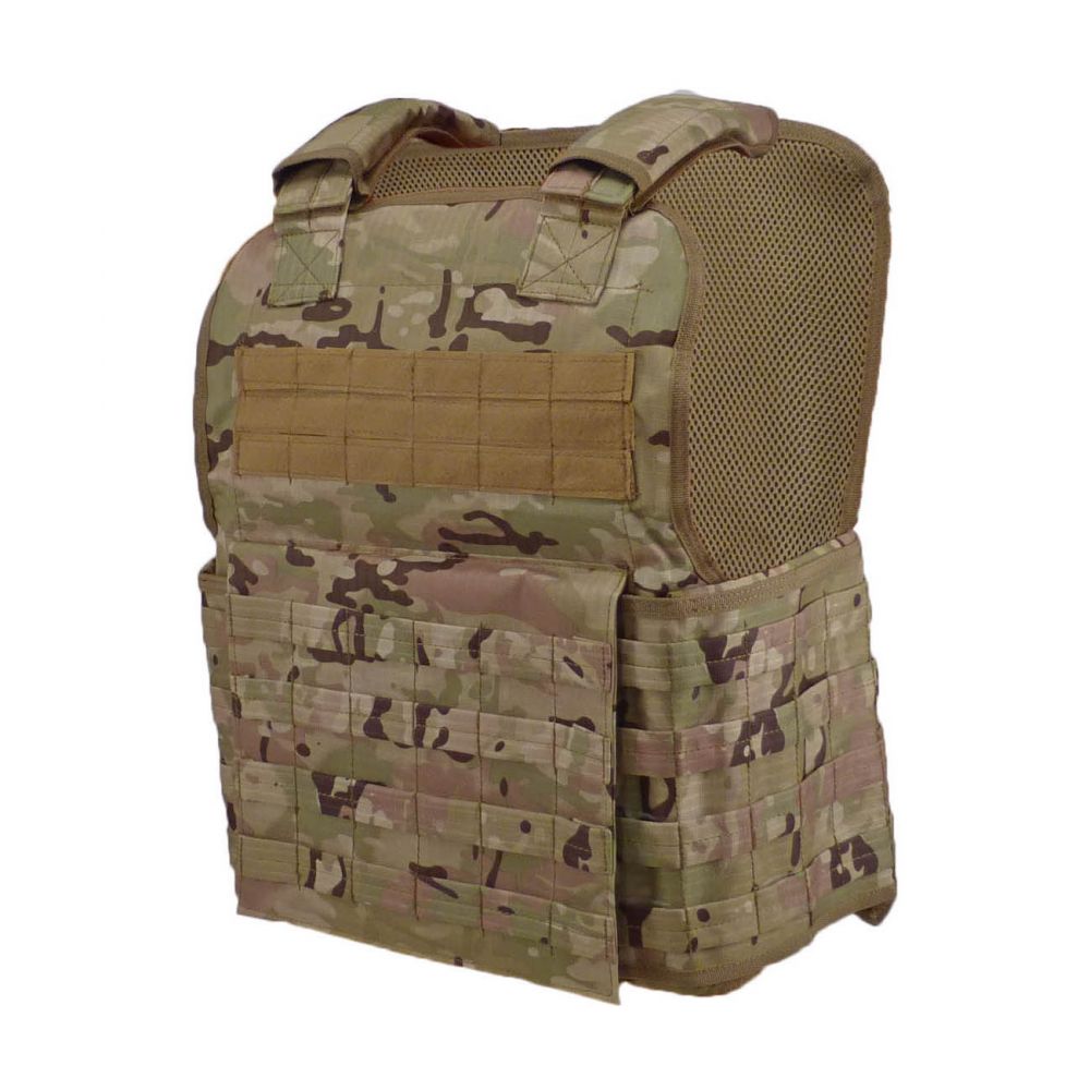 A Tactical Scorpion Gear Muircat MOLLE Plate Carrier Vest made of Ripstop Nylon material, featuring MOLLE accessories, on a white background.