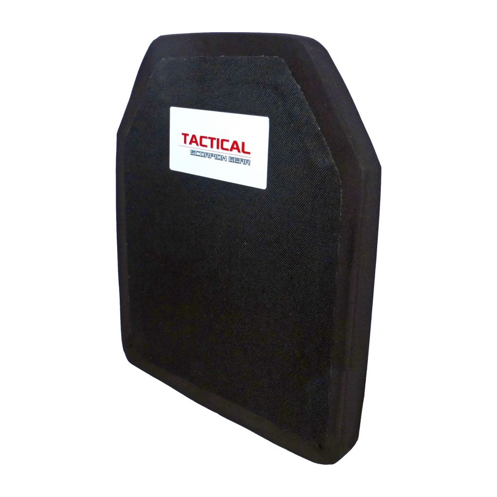 This Tactical Scorpion Gear Level IV Polyethylene Body Armor Plate showcases USA craftsmanship and features lightweight silicone carbide ceramic armor that meets NIJ Level IV certification standards.