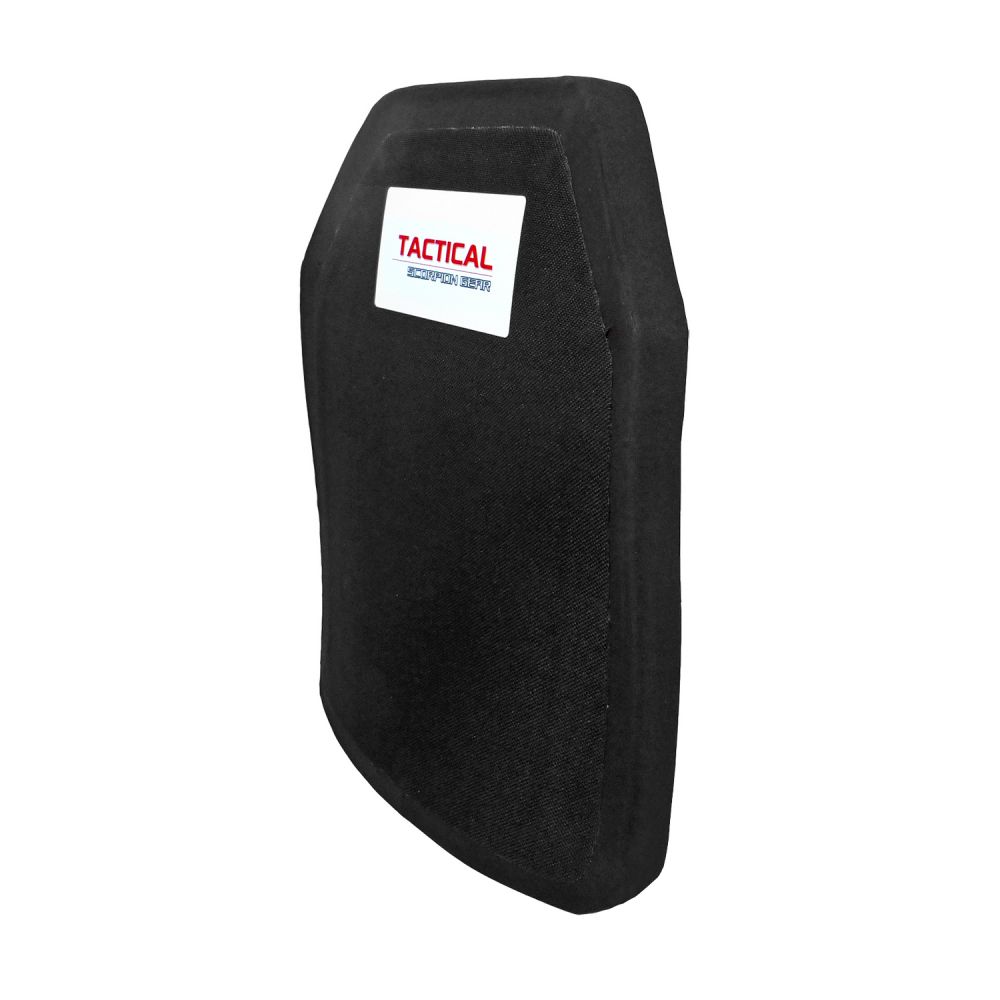A lightweight black Tactical Scorpion Gear Level IV Polyethylene Body Armor Plate proudly made in the USA utilizing top-notch craftsmanship. It features a white label and boasts an impressive NIJ Level IV certification, thanks to its advanced silicone carbide ceramic.