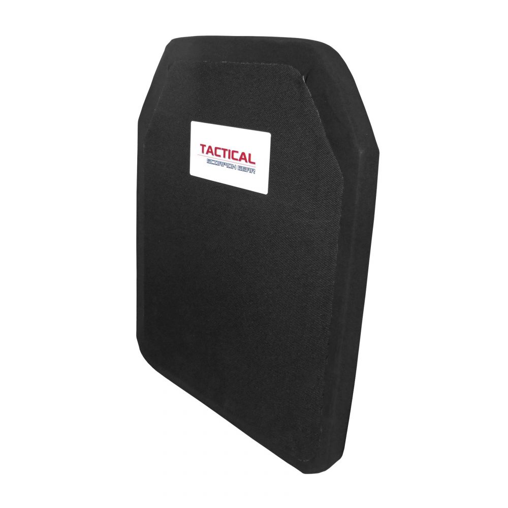 A lightweight Tactical Scorpion Gear Level IV Polyethylene Body Armor Plate with a white label on it, boasting USA Craftsmanship and NIJ Level IV Certification.