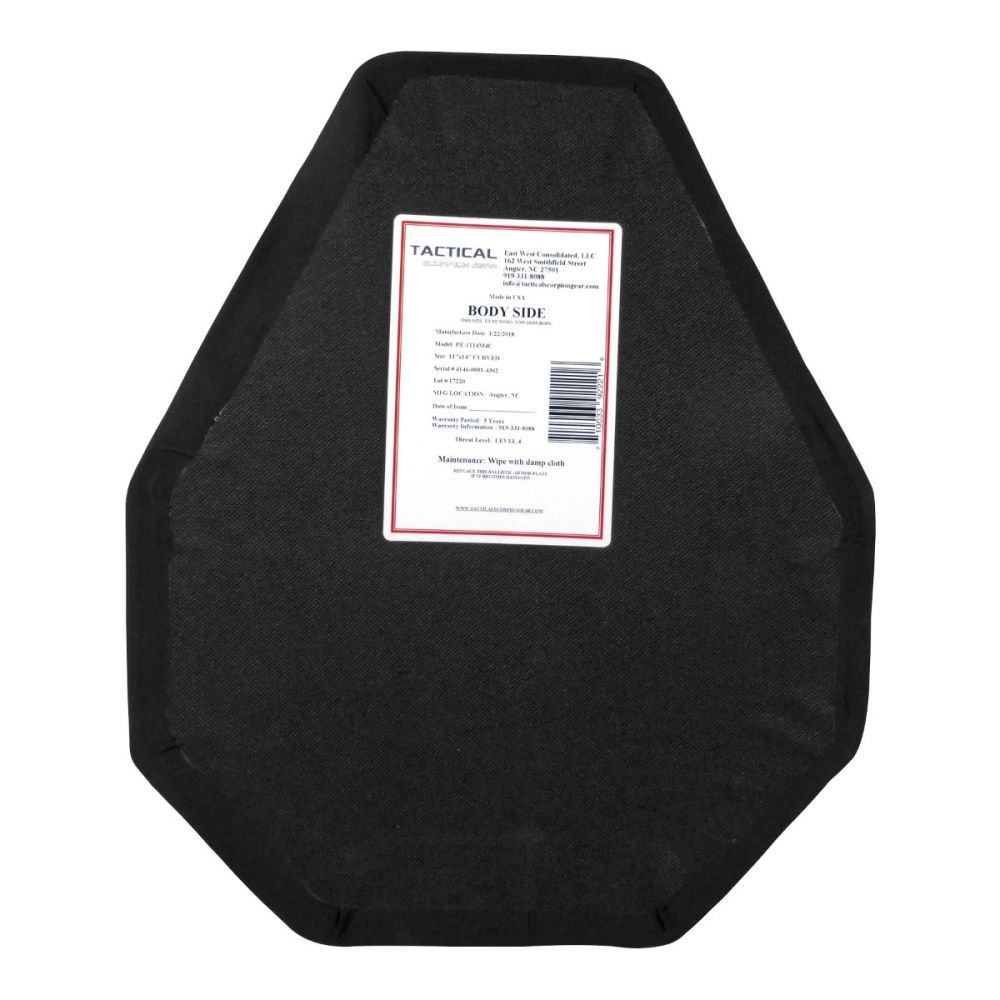 A lightweight black Tactical Scorpion Gear Level IV Polyethylene Body Armor Plate with a label on it, showcasing USA Craftsmanship and NIJ Level IV Certification.