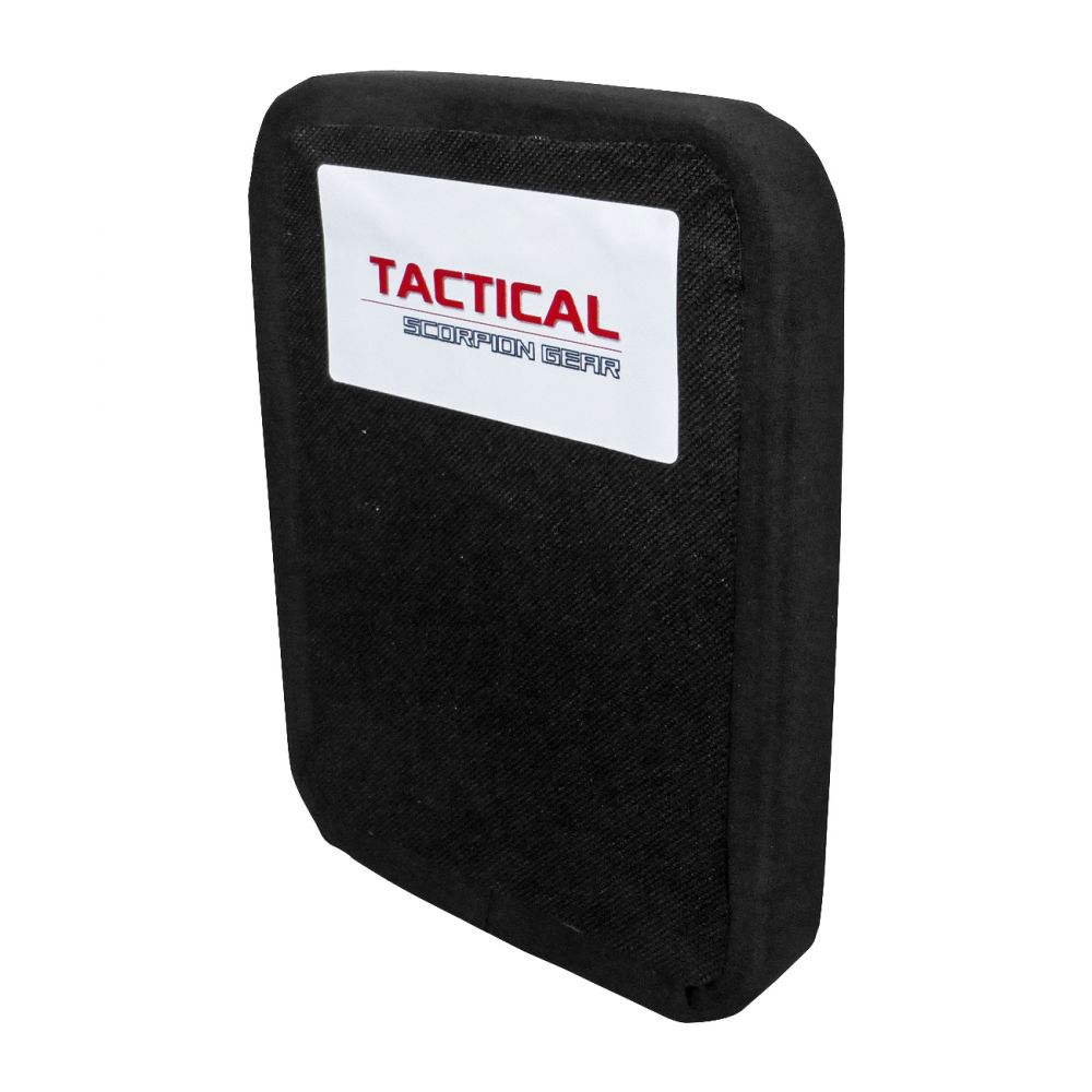 A black Tactical Scorpion Gear Level IV Polyethylene Body Armor Plate case with the word "tactical" on it, showcasing USA Craftsmanship and featuring NIJ Level IV Certification. This lightweight case is enhanced with Silicone Carbide Ceramic material.