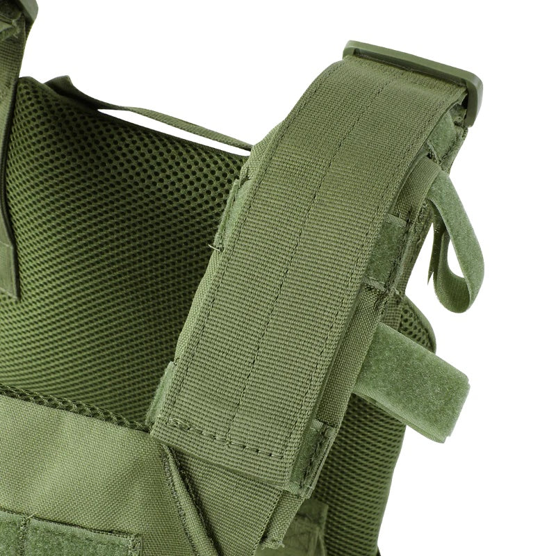 Close-up of an olive green tactical vest strap with velcro fastening, mesh fabric, and Caliber Armor AR550 Level III+ Quick Response /w PolyShield - Shooters Cut - PolyShield steel body armor.
