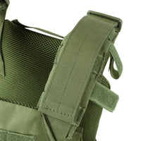 Thumbnail for Close-up of an olive green tactical vest strap with velcro fastening, mesh fabric, and Caliber Armor AR550 Level III+ Quick Response /w PolyShield - Shooters Cut - PolyShield steel body armor.