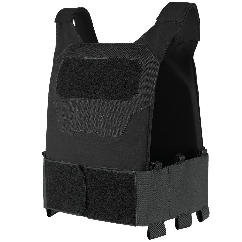 The Specter Carrier by Caliber Armor is a black tactical plate carrier vest with adjustable shoulder straps, front and waist velcro panels, nylon reinforcement, and adjustable sizing for a secure, comfortable fit.