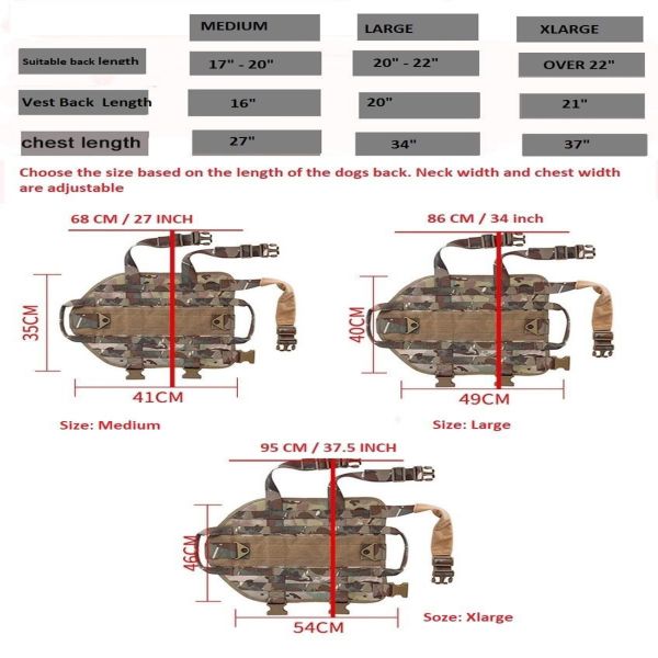 Sizing chart for Tactical Scorpion Gear Tactical Scorpion Gear - D1 Canine Dog K9 Camo MOLLE Military Training Vest Harness showing dimensions for small, medium, large, and xlarge sizes.
