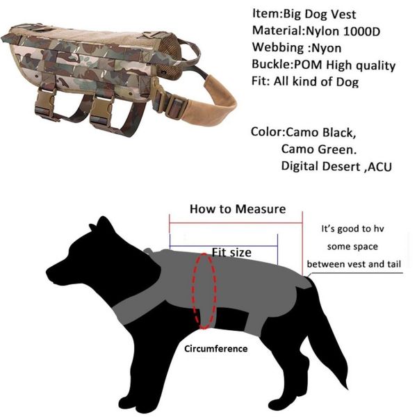 A diagram showcasing a Tactical Scorpion Gear - D1 Canine Dog K9 Camo MOLLE Military Training Vest Harness with its material details, available colors, and instructions on how to measure a dog for the correct fit size.