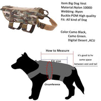 Thumbnail for A diagram showcasing a Tactical Scorpion Gear - D1 Canine Dog K9 Camo MOLLE Military Training Vest Harness with its material details, available colors, and instructions on how to measure a dog for the correct fit size.