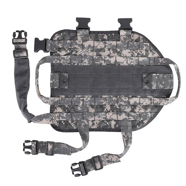 Digital camouflage Tactical Scorpion Gear tactical dog vest laid out on a white background.