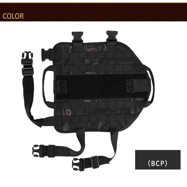 Black camouflage Tactical Scorpion Gear canine dog vest with multiple straps and pouches.