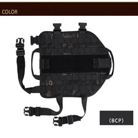 Thumbnail for Black camouflage Tactical Scorpion Gear canine dog vest with multiple straps and pouches.