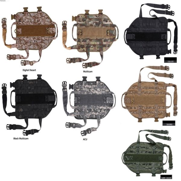 Assortment of Tactical Scorpion Gear tactical hydration pack designs and Tactical Scorpion Gear canine military gear in various camouflage patterns.