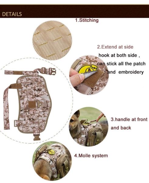 Features of a Tactical Scorpion Gear D2 Compact Canine Dog K9 Camo MOLLE Military Training Vest Harness pointing out the stitching details, side hook extensions for patches, a front and back handle, and the molle system attachment points.