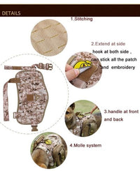 Thumbnail for Features of a Tactical Scorpion Gear D2 Compact Canine Dog K9 Camo MOLLE Military Training Vest Harness pointing out the stitching details, side hook extensions for patches, a front and back handle, and the molle system attachment points.