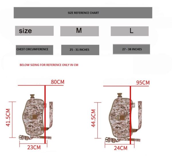 Size reference chart for two backpack sizes with dimensions provided in inches and centimeters, perfect for syncing with your Tactical Scorpion Gear D2 Compact Canine Dog K9 Camo MOLLE Military Training Vest Harness.