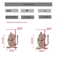 Thumbnail for Size reference chart for two backpack sizes with dimensions provided in inches and centimeters, perfect for syncing with your Tactical Scorpion Gear D2 Compact Canine Dog K9 Camo MOLLE Military Training Vest Harness.