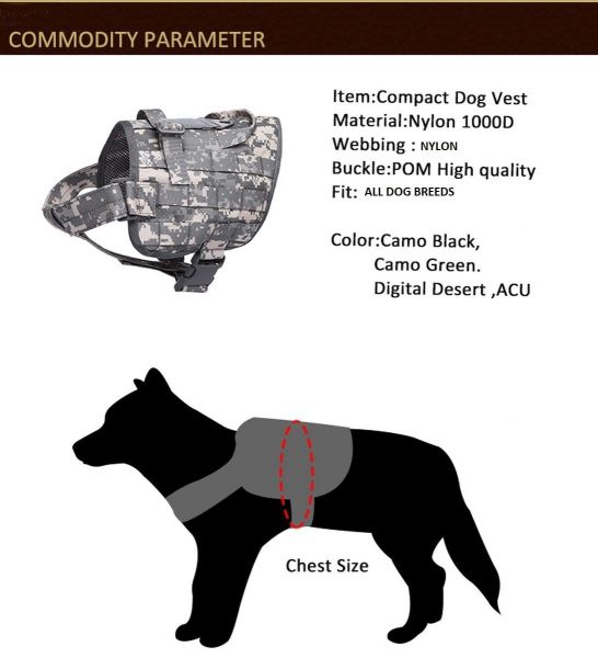 Product specifications for a Tactical Scorpion Gear D2 Compact Canine Dog K9 Camo MOLLE Military Training Vest Harness, indicating material, buckle quality, available colors, and chest size measurement guide.