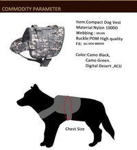 Thumbnail for Product specifications for a Tactical Scorpion Gear D2 Compact Canine Dog K9 Camo MOLLE Military Training Vest Harness, indicating material, buckle quality, available colors, and chest size measurement guide.