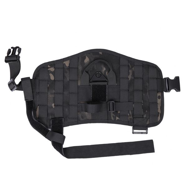 Camouflage tactical thigh holster with adjustable straps, buckle closures, and a Tactical Scorpion Gear D2 Compact Canine Dog K9 Camo MOLLE Military Training Vest Harness.