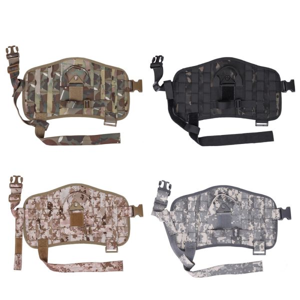 Four Tactical Scorpion Gear D2 Compact Canine Dog K9 Camo MOLLE Military Training Vest Harnesses in different camouflage patterns, featuring MOLLE attachments for K9 military training gear.