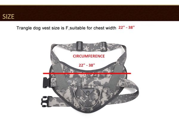 Adjustable Tactical Scorpion Gear D3 Small Canine Dog K9 Camo MOLLE Training Vest Harness with a chest size range of 22 to 38 inches.