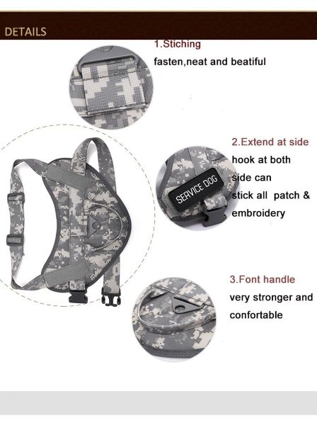 Tactical Scorpion Gear D3 Small Canine Dog K9 Camo MOLLE Training Vest Harness with detailed features highlighted: stitching quality, side hook extensions for patches, and a strong front handle.