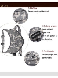 Thumbnail for Tactical Scorpion Gear D3 Small Canine Dog K9 Camo MOLLE Training Vest Harness with detailed features highlighted: stitching quality, side hook extensions for patches, and a strong front handle.