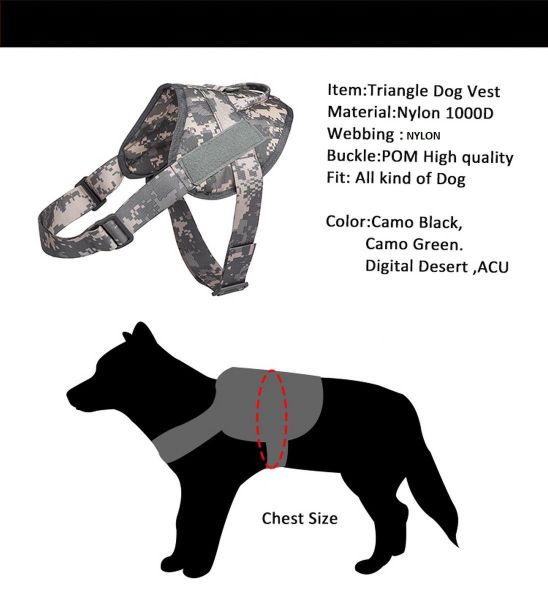 Tactical Scorpion Gear D3 Small Canine Dog K9 Camo MOLLE Training Vest Harness, features listed include nylon webbing and pom buckle, suitable for all dog sizes, available in multiple camo colors, with a depiction of how to measure a