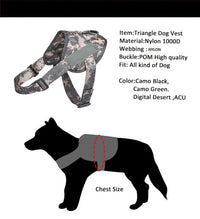 Thumbnail for Tactical Scorpion Gear D3 Small Canine Dog K9 Camo MOLLE Training Vest Harness, features listed include nylon webbing and pom buckle, suitable for all dog sizes, available in multiple camo colors, with a depiction of how to measure a