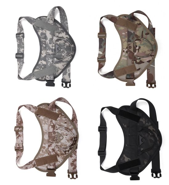 Four Tactical Scorpion Gear D3 Small Canine Dog K9 Camo MOLLE Training Vests displayed in different camouflage patterns.