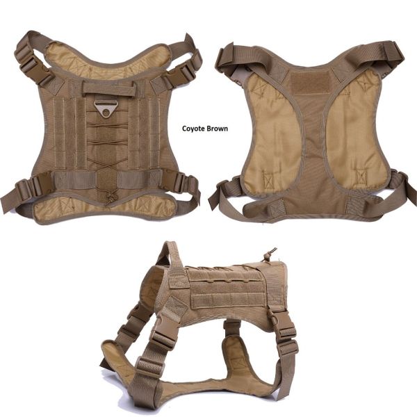 Three views of a Tactical Scorpion Gear coyote brown D4 Dog K9 MOLLE Military Combat Edition Training Vest Harness displayed on a white background.
