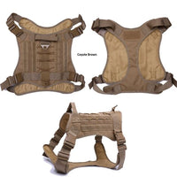 Thumbnail for Three views of a Tactical Scorpion Gear coyote brown D4 Dog K9 MOLLE Military Combat Edition Training Vest Harness displayed on a white background.