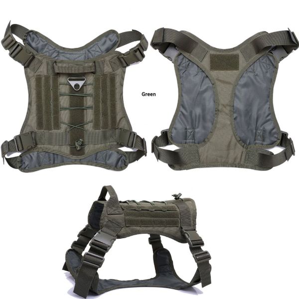 Three views of a green Tactical Scorpion Gear - D4 Dog K9 MOLLE Military Combat Edition Training Vest Harness with MOLLE strapping.
