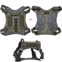 Thumbnail for Three views of a green Tactical Scorpion Gear - D4 Dog K9 MOLLE Military Combat Edition Training Vest Harness displayed against a white background.