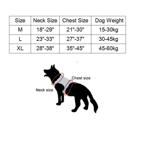 Dog harness sizing chart with illustrations indicating neck and chest size measurement points on a dog silhouette, featuring Tactical Scorpion Gear - D4 Dog K9 MOLLE Military Combat Edition Training Vest Harness.