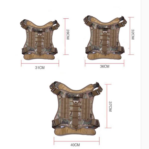 Four views of a camouflaged Tactical Scorpion Gear - D4 Dog K9 MOLLE Military Combat Edition Training Vest Harness with dimensions labelled.